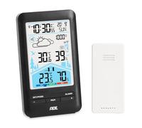 ADE Station méteo numérique avec capteur extérieur | Thermomètre, hygromètre, baromètre | Horloge radio-pilotée avec double alarme | Prévisions météo animées | Grand écran couleur LCD