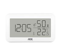 ADE Thermometre interieur avec hygrometre et horloge digital | Humidimetre pour bain, maison, chambre bebe | format horizontal | blanc