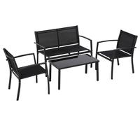 Adelaide - Salon de jardin design avec canapé + 2 fauteuils + table basse avec étagère en verre. Ensemble de salon d'extérieur 4 pièces en métal et textilène. Noir