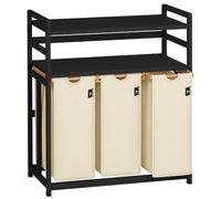 AdelDream - Panier à linge - 150 l - 3 compartiments - 2 étagères - Bambou | Panier à linge 3 x 50 l, extensible, amovible, double étagère, cadre en bambou noir, sacs à linge beige
