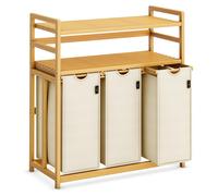 AdelDream Panier à linge 150 l 3 compartiments 2 étagères sac à linge extensible et amovible, collecteur de linge en bambou Beige