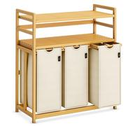 AdelDream Panier à linge 150 l 3 compartiments 2 étagères sac à linge extensible et amovible, collecteur de linge en bambou Beige