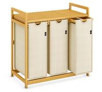 AdelDream Panier à linge 150L 3 compartiments étagères sac à linge extensible et amovible collecteur de linge cadre en bambou boîte à linge laundry baskets beige