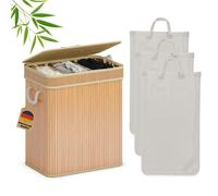 AdelDream Panier à linge 150L aspect bambou avec couvercle & poignées, Collecteur de linge pliable à 3 compartiments, Caisse à linge avec sacs en tissu amovibles pour la chambre à coucher