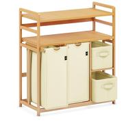 AdelDream - Panier à linge - 4 compartiments - 2 étagères - 140 l - Avec panier - Avec 2 sacs à linge et 2 boîtes en tissu - Sac à linge en bambou - Beige