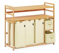AdelDream - Panier à linge - 5 compartiments - 2 étagères - 190 l - Avec panier - Avec 3 sacs à linge et 2 boîtes en tissu - Sac à linge en bambou - Beige