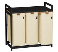 AdelDream - Panier à linge à 3 compartiments - 150 l - Avec étagère - Cadre | Panier à linge avec 3 compartiments de 50 l, extensible et amovible, étagère jusqu'à 45 kg, cadre en bambou noir