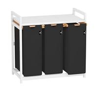 AdelDream - Panier à linge à 3 compartiments - 150 l - Cadre blanc - Avec étagères - Sac à linge amovible et lavable - Structure en bambou