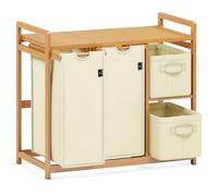 AdelDream - Panier à linge à 4 compartiments - 140 l - Avec panier | Avec 2 sacs à linge et 2 boîtes en tissu avec étagère - En bambou - Beige