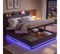 ADFUNIT Lit capitonné, 140 x 190 cm, gris velours, lit de rangement hydraulique avec éclairage LED, port USB et sommier à lattes, cadre de lit double pour adultes et adolescents, sans matelas