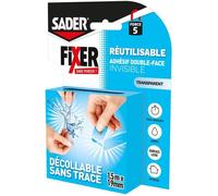Adhésif double face extra - SADER - Fixer sans percer - Invisible - Décollable/réutilisable - Transparent - 1.5 m x 19 mm