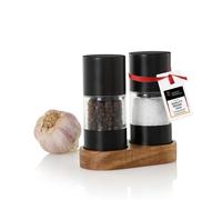 AdHoc STILO Lot de moulins à sel et à poivre manuels | Corps en inox, broyeur céramique réglable de fin à gros et socle pratique en bois pour une surface propre