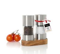 AdHoc STILO Lot de moulins à sel et à poivre manuels | Corps en inox, broyeur céramique réglable de fin à gros et socle pratique en bois pour une surface propre
