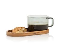 AdHoc Tasse à café Impact avec dessous de verre en bois d'acacia, 300 ml, tasse pour thé, latte, cappuccino avec poignée, verre borosilicate résistant à la chaleur, grand espace pour buiscuits