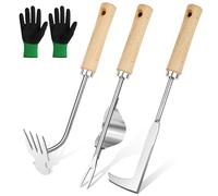Adiwo Desherbeur Manuel, 4 Pièces Couteau Désherbeur, Desherbeur en Acier Inoxydable, avec Manche en Bois, Arrache Mauvaise Herbe pour Désherbage dans Les Jardins, Parcs et Potagers