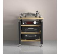 Adjuble AV nd avec pieds anti-chocs - Armoire Ma Sto à 4 niveaux pour DVD, lecteurs vinyles et consoles de jeu - Centre de divertissement moderne en noir et bois pour installation de cinéma maison