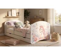 Adorable lit pour tout-petits 140 x 70 cm | Lit junior avec coffre de rangement et barrière de sécurité | Matelas en mousse inclus