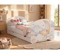 Adorable lit pour tout-petits 140 x 70 cm | Lit junior avec coffre de rangement et barrière de sécurité | Matelas en mousse inclus