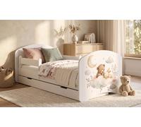 Adorable lit pour tout-petits 140 x 70 cm | Lit junior avec coffre de rangement et barrière de sécurité | Matelas en mousse inclus