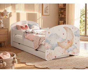 Adorable lit pour tout-petits 140 x 70 cm | Lit junior avec coffre de rangement et barrière de sécurité | Matelas en mousse inclus