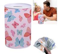 Adorable Tirelire Rose - Tirelire Design Papillons - Jolie Décoration de Table et Pot de Rangement de Pièces pour Enfants - Coffre au Trésor Tirelire Incassable pour Filles - Taille 14 cm