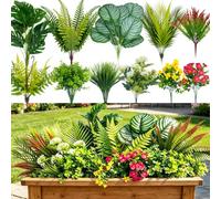ADORAMOUR 20 Pièces Plantes Artificielles Extérieur - 11 Variétés de Fleurs Tropicales Fausses, Fougère Palmier Monstera, Résistant UV pour Jardin Balcon Terrasse