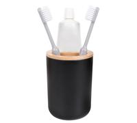 Adorila Porte-brosse à dents noir et bois - Organiseur de salle de bain rond en bambou et plastique - Petit panier à dentifrice - Décoration moderne