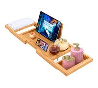 ADOV Plateau de Baignoire en Bambou Extensible, Pont de Bain, Étagère Bois | Réglable au-dessus du Bain, Support pour Livre, Téléphone, Tablette, Bougie, Savon, Serviette et Verre à Vin, pour Baignoires