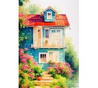 adrium Tableau composite aluminium 50 x 70 cm : maison de conte de fées rustique insolite, beau jardin, couleurs vives, peinture à l'aquarelle à main libre. Numérique (191757184)