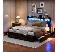 ADWOLT Lit 180×200 cm avec LED et 4 tiroirs, lit adulte 180×200 cm avec sommier à lattes, lit double 180×200 cm, tissu en PU, noir