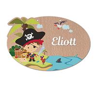 Adzif.biz Le sticker de decoration, Plaque de Porte Chambre Enfant, Pancarte en Bois Personnalisable, décoration Enfant Pirate, 2 perçages en Haut, Plexi Blanc