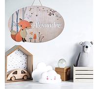 Adzif.biz Le sticker de decoration - Plaque de Porte Renard Chambre Enfant - Pancarte en Bois Personnalisable - Décoration Enfant Forêt - 2 perçages en haut, Plexi Blanc