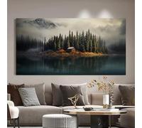 AEFOUU Décoration murale : Cabane au bord du lac, forêt de sapins, maison au bord du lac, affiche rustique et impressions sur toile (30x60cm/12x24pouces/cadre intérieur)