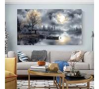 AEFOUU Paysage de cabane en bois au bord d'un lac par une nuit de clair de lune - Affiche et impressions sur toile - Décoration murale (20x40cm/8x16in/cadre intérieur)