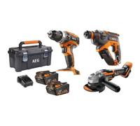 AEG - Combo 3 outils : perceuse à percussion + perforateur + meuleuse 125 mm Brushless, 2 batteries 4,0 Ah, caisse - JP18L3-402TB