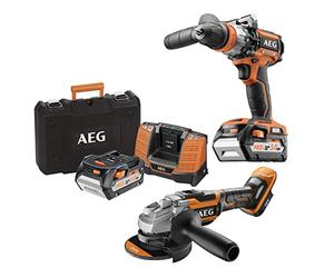 AEG - Duo Brushless : Perceuse percussion Brushless, meuleuse 125mm Brushless, 2 batt. 5,0Ah chargeur, grans sac de transport