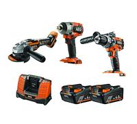 AEG - Pack 3 Outils Brushless 18V - Perceuse à Percussion, Boulonneuse à Chocs, Meuleuse 125 mm, 2 Batteries 4,0 Ah, Chargeur, Sac de Rangement - JP18AA3-402B LK1