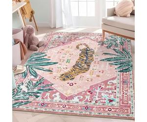 AEKDCL Tapis bohème 100 x 140 cm, joli tigre rose, d'intérieur en fausse laine, antidérapant, lavable, pour chambre d'enfant, chambre à coucher, salle de bain