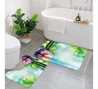 AELKSP Set de Tapis de Bain 2 Pièces,Bougie et Pierre Nature Morte Green Zen Spa avec Bambou dans la Nature sur orchidé,Ensemble Tapis Salle de Bain Extra Longs et Tapis Toilette WC Contour Absorbant
