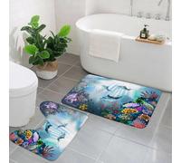 AELKSP Set de Tapis de Bain 2 Pièces,Monde sous Marin Poissons Corail Dauphin Plantes Vie Marine sur Fond Bleu,Ensemble Tapis Salle de Bain Extra Longs et Tapis Toilette WC Contour Absorbant