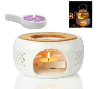 AEMCHDM Réchaud pour Théière en Céramique Blanche - Design Creux Sculpté avec Coussin en Liège & Porte-Bougie, Chauffe-Thé/Café/Lait pour Petit-Déjeuner & Thé de l’Après-Midi