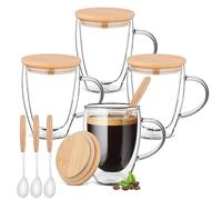 Aenmido Lot de 4 tasses à café en verre à double paroi avec couvercle/cuillère en bambou, 355 ml, verre borosilicate pour café glacé, boissons chaudes, thé, cappuccino, latte