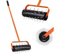 Aérateur de gazon à rouleau, aérateur manuel, scarificateur rotatif | Avec 42 lames de 5 cm et protection contre les projections, rouleau d'aération pour gazon, scarificateur à rouleau pour jardin, co