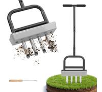 Aérateur de gazon manuel 2-en-1 – Aérateur de gazon à 4 lames – Avec bac de récupération des débris – En acier robuste, idéal pour les sols compacts et pour obtenir une pelouse plus dense