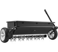 Aérateur de pelouse tracté SucceBuy avec une largeur de travail de 81 cm, épandeur avec attelage universel, semoir de jardin et aérateur de sol d'une capacité de 45 kg et équipé de roues de 10 pouces,