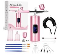 Aerographe Kit Complet Avec Compresseur, Kit Pistolet AéRographe Sans Fil Rechargeable Portable, 3 Niveaux Lcd Airbrush Pourmodelisme, Maquillage, Peinture, Onglerie, Tatouage, Coiffure (Rose)