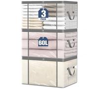 Aevcvok Lot de 3 Sac de Rangement Vetement, 60L Transparent Boîte Rangement Pliable, Housse Rangement Couette avec Fermeture Éclair et Poignées pour Armoire, Déménagement
