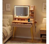 AFF Coiffeuse avec Miroir et Lumière,Coiffeuse d'angle avec Rangement,2 Tiroirs,3 Modes d'Éclairage,Maquillage ,bois naturel