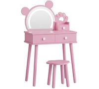 AFF Coiffeuse Enfant en Bois avec Miroir LED Ourson,Table de Maquillage Princesse, tiroirs de Rangement et Tabouret Fleuri,Rose