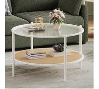 AFF Table Basse Ronde 2 Niveaux Ø78cm,Plateau Verre Strié, Étagère Rotin,Structure Métal,Table d’Appoint Minimaliste,Noir et jaune